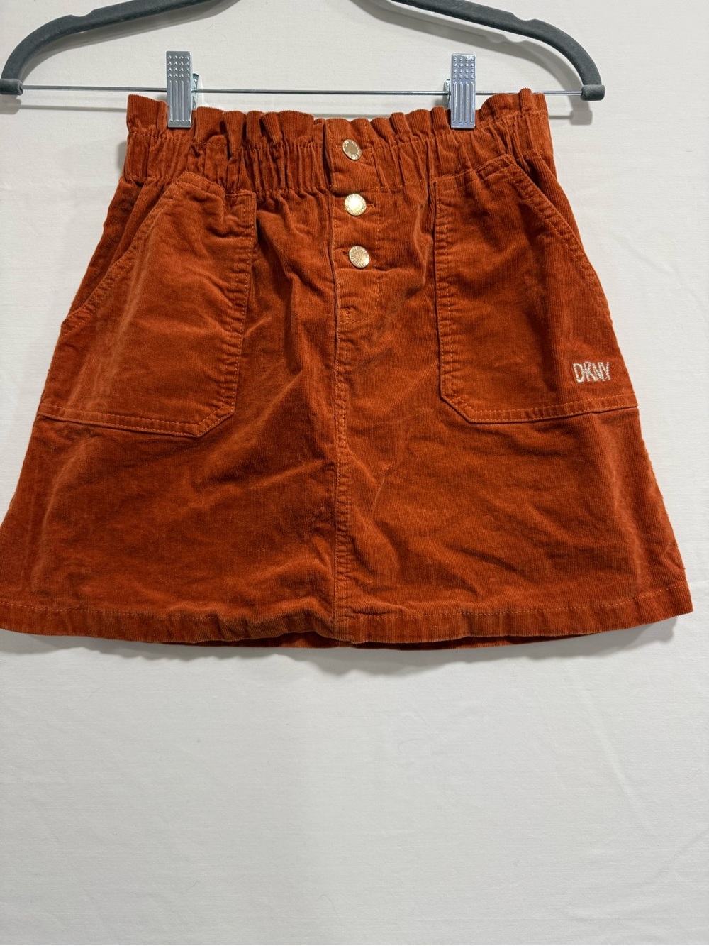DKNY Girls Size 12 Rust Corduroy Paperbag Waist Button Front Skirt